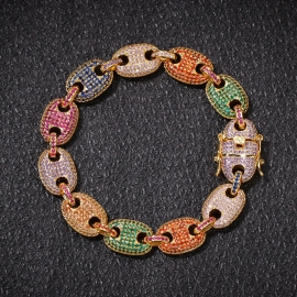 European and american zircon pig nose bracelet fashion color diamond coffee bean chain hip hop bracelet real gold plating mens bracelet