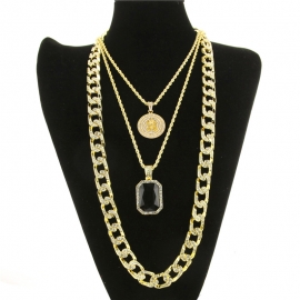 Alloy necklace hiphop hip hop diamond ruby &acirc;��&acirc;��mens european and american necklace cross-border source hot sale set