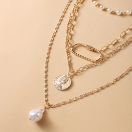 Fashionable personality all-match style ladies portrait embossed imitation pearl pendant imitation pearl chain multi-layer necklace