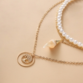 Fashion and creative all-match ladies geometric ring small tree conch pendant imitation pearl chain multi-layer necklace