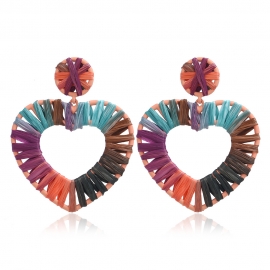 New european and american cross-border exaggerated alloy raffia earrings love heart segment dyed and colorful hand-woven heart-shaped big earrings