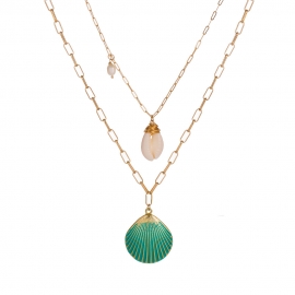 Wish amazon fashion beach jewelry green painted metal scallop pendant freshwater pearl shell multilayer necklace