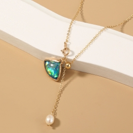 Natural freshwater pearl triangle green glass long pendant gold chain jewelry fashion elegant lady necklace