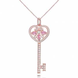 Pink girl heart love key pendant with micro zircon copper with gold electroplated finished necklace and zircon pendant