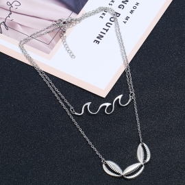 Fashionable simple wave necklace women amazon hot selling conch pendant double clavicle chain