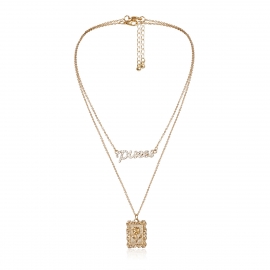 European and american cross-border jewelry wild rose embossed square brand necklace female temperament double layer micro-inlaid rhinestone letter necklace