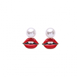 Korean fashion dripping lips net red earrings temperament versatile personality light luxury red lips pearl earrings