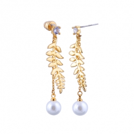 New forest simple leaf earrings long super fairy pearl earrings female korean 925 silver needle earrings