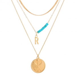 European and american fashion hot sale animal bird gold medal pendant multi-layer detachable flat snake chain letter r necklace clavicle chain