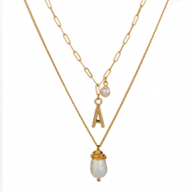 Ins european and american popular creative personality natural freshwater pearl multilayer necklace alloy simple letter a necklace