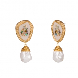 Fashionable bohemian pure white oil dripping colorful broken shell earrings special-shaped pure white pearl pendant accessories