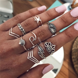 European and american cross-border new fashion retro geometric ring simple personality trend leaf shell geometry 12 combinations
