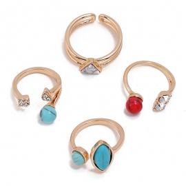 Retro exaggerated geometric alloy ring fashion trend new diamond turquoise 4-piece ring