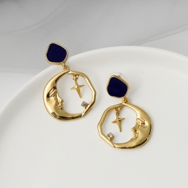 Korean version of s925 silver needle earrings creative design enamel glaze earrings temperament wild star and moon earrings