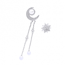 Creative asymmetric zircon diamond star moon pearl tassel pendant earrings female japan and south korea fashion jewelry