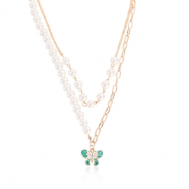 Cross-border hot-selling jewelry sweet, fresh and fresh butterfly pendant string imitation pearl chain double necklace