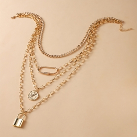 Cross-border hot-selling jewelry fashion personality lock-shaped head pendant ladies multilayer necklace