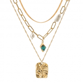 European and american hot-selling jewelry, metal exaggerated lattice chain, multilayer turquoise pearl pendant, sweater chain necklace