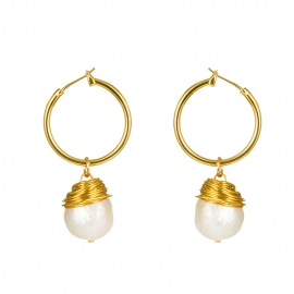 Korean version of dongdaemun earrings, golden c-shaped ear hooks, hand-wrapped natural freshwater bread pearl earrings