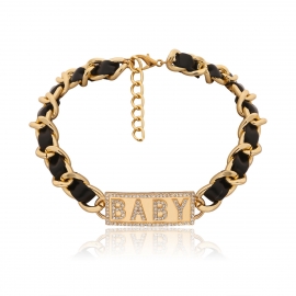 European and american cross-border jewelry personality pu winding chain baby necklace for women personality square letter diamond necklace