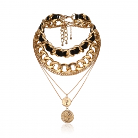 European and american cross-border jewelry, punk retro portrait pendant necklace, personality exaggerated pu chain embossed geometric necklace