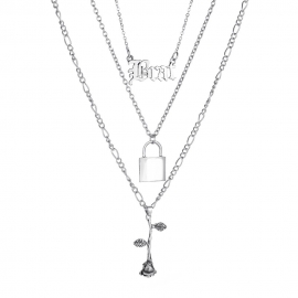 Fashion personality retro style ladies rose letter lock pendant multi-layer necklace european and american cross-border necklace