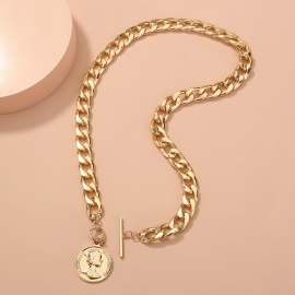 Cross-border hot-selling in europe and america thick texture chain hip hop exaggerated retro round portrait tag t-buckle clavicle chain necklace