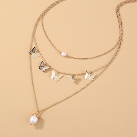 Hot-selling fashion and elegant jewelry necklaces in europe and the united states retro full sky butterfly tassel multilayer natural pearl pendant necklace