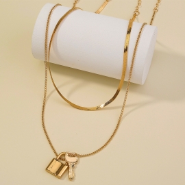 Cross-border european and american hot-selling personality simple double-layer alloy key lock pendant clavicle chain fashion ladies necklace