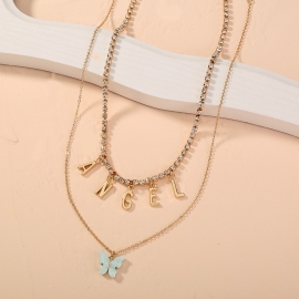 European and american foreign trade jewelry simple and fashionable blue butterfly pendant double necklace angel rhinestone catch chain necklace