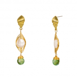 Retro popular simple earrings, golden conch ear hooks, green natural cracked ball pearl earrings factory wholesale