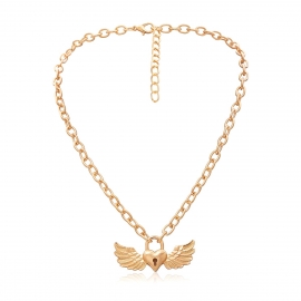 European and american cross-border jewelry, individual and versatile single-layer metal pendant, creative heart-shaped wings, hollow lock-shaped necklace women