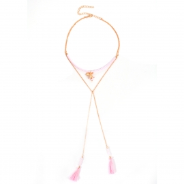 New ethnic style wild crystal necklace, metal chain, cotton thread, fringed flower pendant, necklace, female