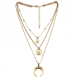 Creative classic ladies portrait embossed round brand horn pendant multilayer necklace