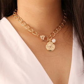Fashionable personality all-match style ladies portrait embossed imitation pearl pendant necklace