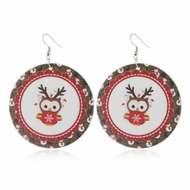 Cross-border new christmas creative funny cartoon earrings round wooden elk santa print earrings