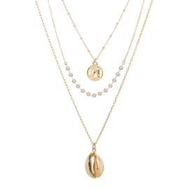 New all-match jewelry, golden coin card neck, handmade pearl chain, natural shell pendant, multi-layer necklace for women