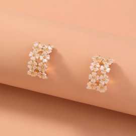 Japanese and korean small fresh fashion all-match jewelry double row pearl white flower art girl c-shaped earrings earrings female