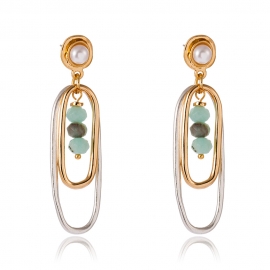 European and american new double-layer sandy silver oval long earrings, retro wild natural green agate geometry