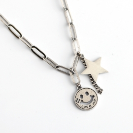 Necklace emoji smiley smile s925 sterling silver pendant retro distressed necklace