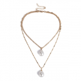 European and american cross-border jewelry retro simple shaped pendant necklace temperament double drop-shaped pearl geometric necklace