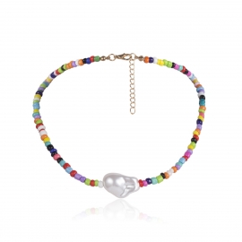 European and american cross-border jewelry, personalized color rice beads, all-match necklace, ethnic style, special-shaped pearl single-layer mixed necklace