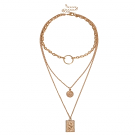 European and american cross-border jewelry, simple geometric chain necklace, female personality ring letter tag, retro stacking necklace