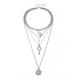 European and american cross-border jewelry temperament ring embossed necklace female personality stacking multi-layer lock-shaped imitation pearl necklace