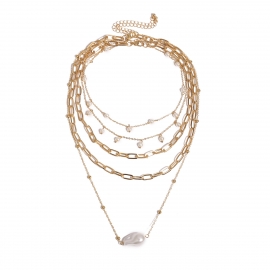 European and american cross-border jewelry, all-match special-shaped imitation pearl chain necklace, temperament round bead tassel multi-layer geometric necklace