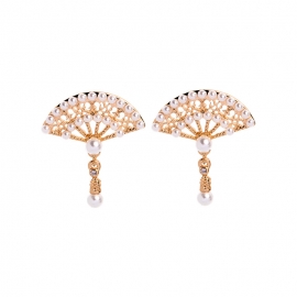 Design sense pearl earrings female temperament ancient fan earrings 2020 new trendy net red ear jewelry