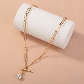 Foreign trade simple style trend street shooting fine lattice chain square t buckle necklace shiny zircon pendant necklace clavicle chain