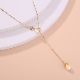 The new simple and elegant all-match single-layer necklace natural freshwater rice bead pendant with pull buckle personalized design necklace