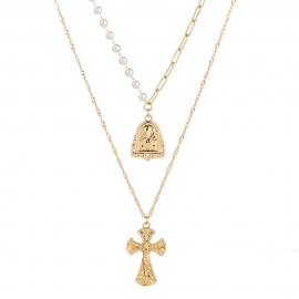 European and american street fashion cold wind necklace, double layer retro cross portrait pendant, personality all-match necklace female