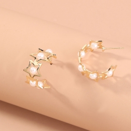 European and american foreign trade new jewelry simple personality trend star earrings five-pointed star pearl hollow c-shaped earrings